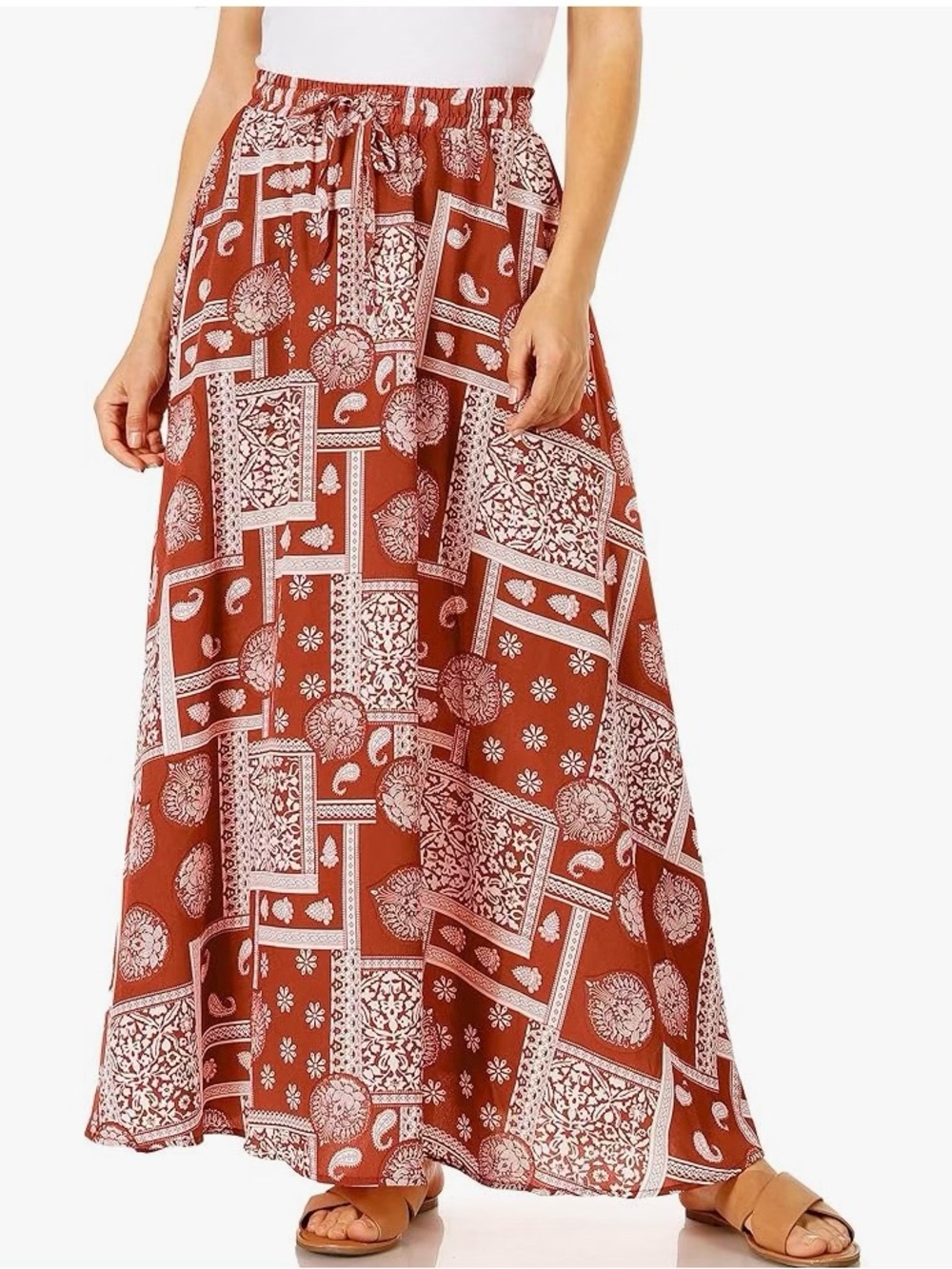 Simlu Boho Rust Patchwork Maxi Skirt with Elastic Waist